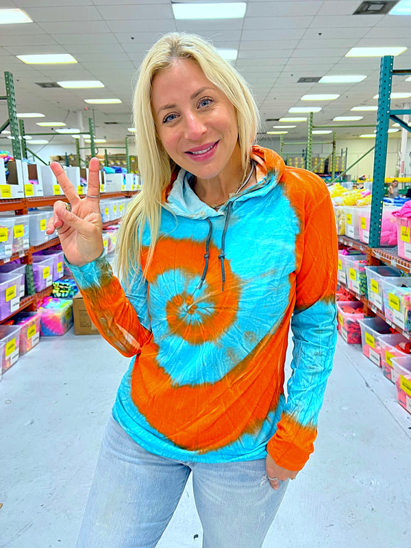 Turquoise Mango Tie Dye Long Sleeve Hoodie Tee Blank Sunshine