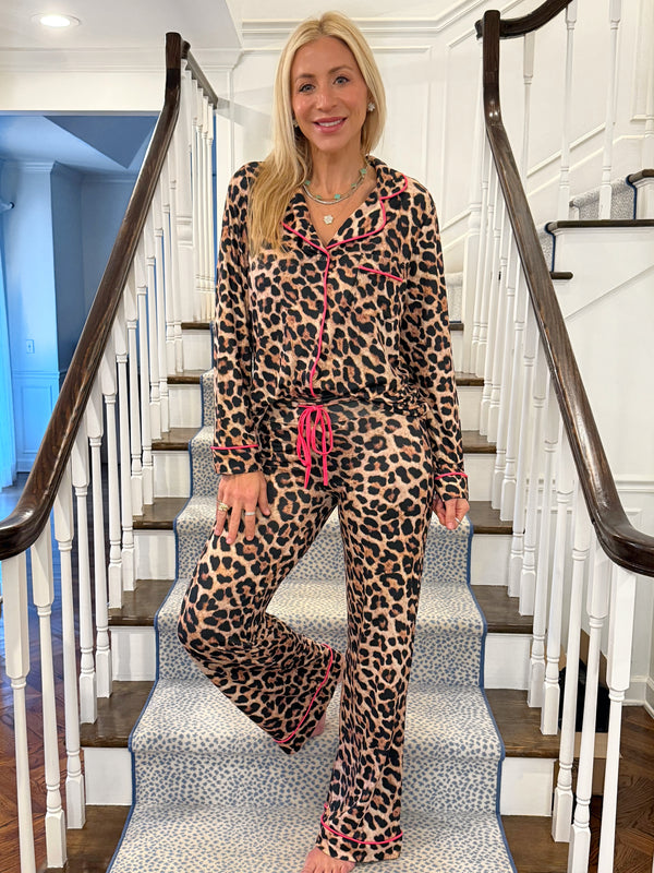 Leopard With Pink Trim Wide Leg Pants Pajama Set