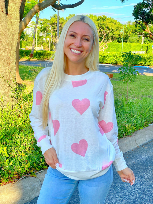White Pullover with Pink Hearts
