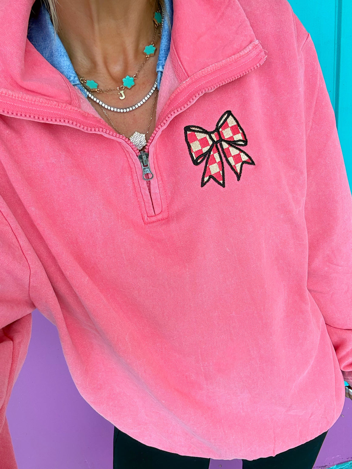 Checkered Bow Acid Pink Embroidered Quarter Zip Pullover