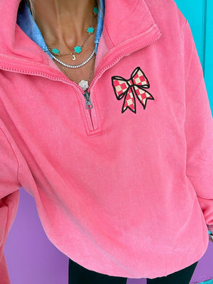 Checkered Bow Acid Pink Embroidered Quarter Zip Pullover