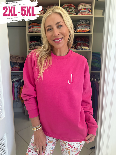 Hot Pink Embroidered Initial Sweatshirt (2XL-5XL) - Sunshine Sisters