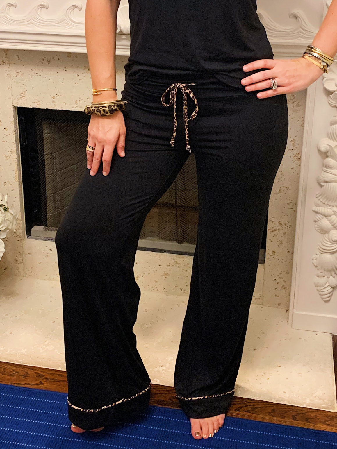 Black with Leopard Trim Wide Leg Pants