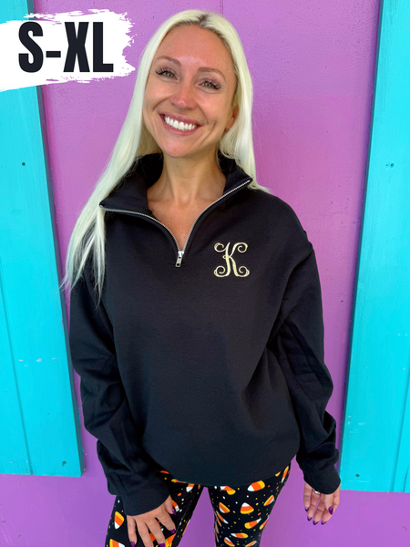 Black & Gold Embroidered Initial Quarter Zip Pullover (S-XL