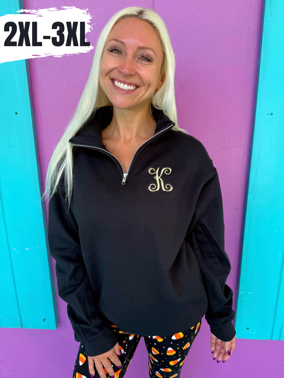 Black & Gold Embroidered Initial Quarter Zip Pullover (2XL-3XL)