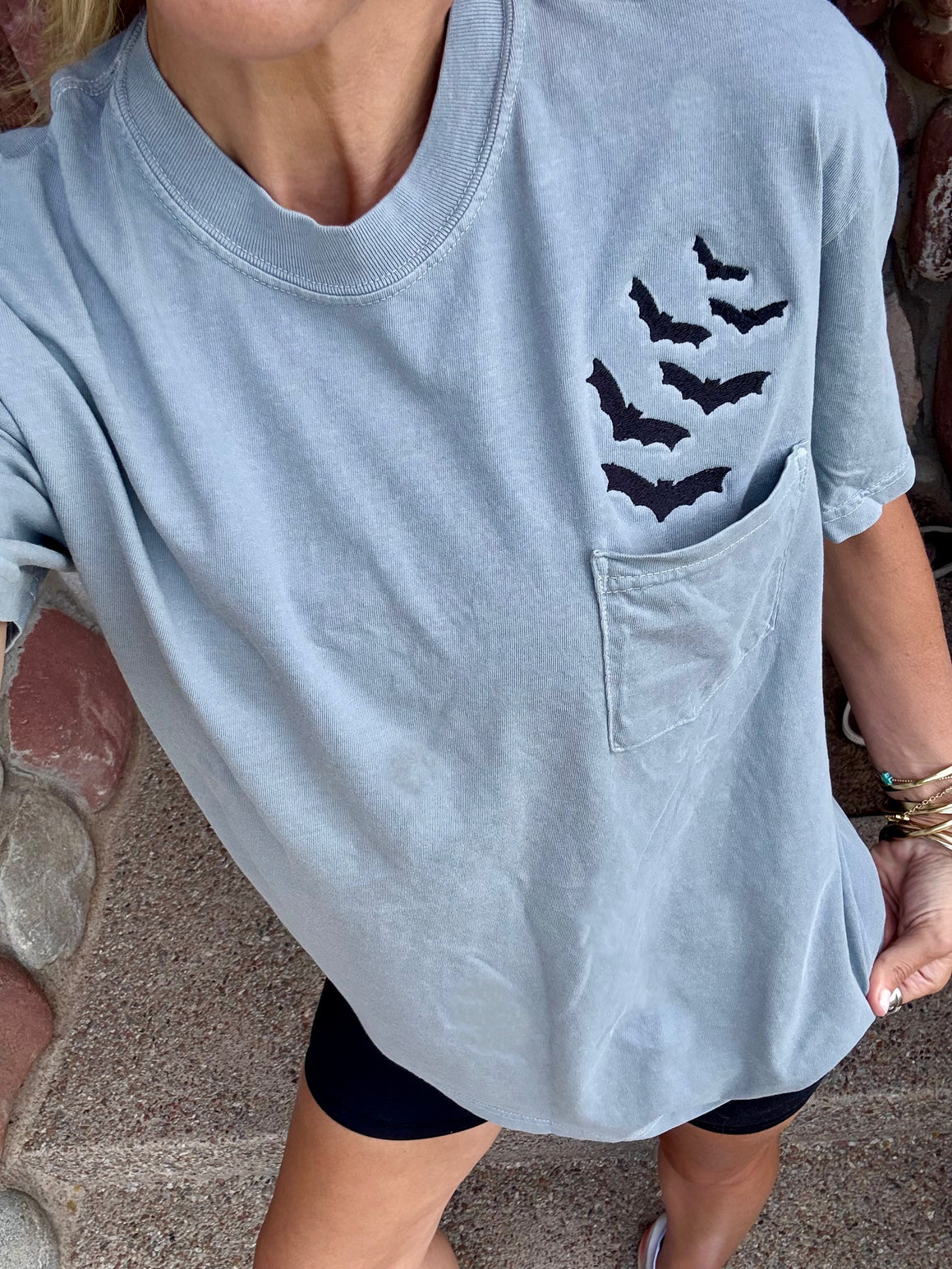 Light gray t-shirt with black bat designs embroidery