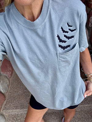 Light gray t-shirt with black bat designs embroidery