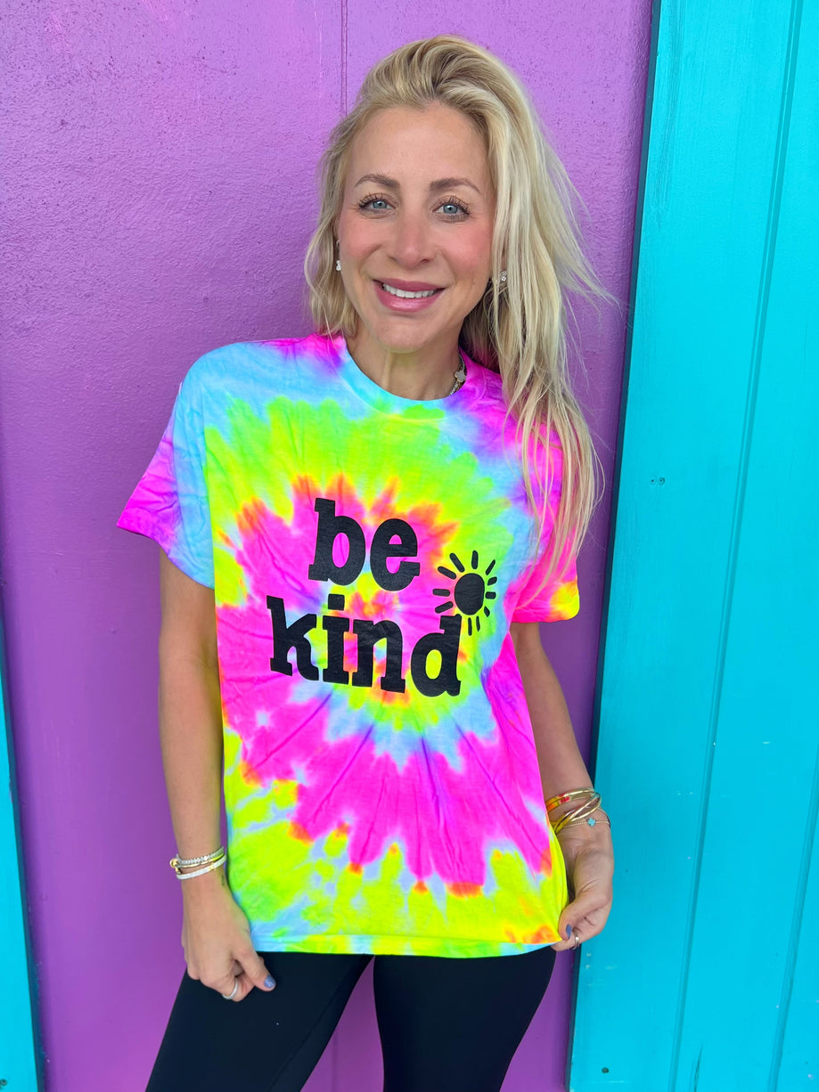 Be Kind Tie Dye Tee Black Writing Sunshine Sisters