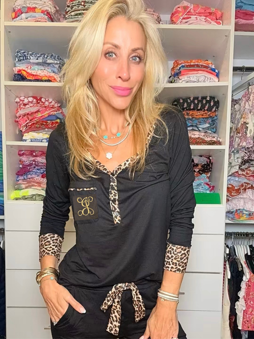 Black With Leopard Trim Jogger Pajama Set - EMBROIDERED