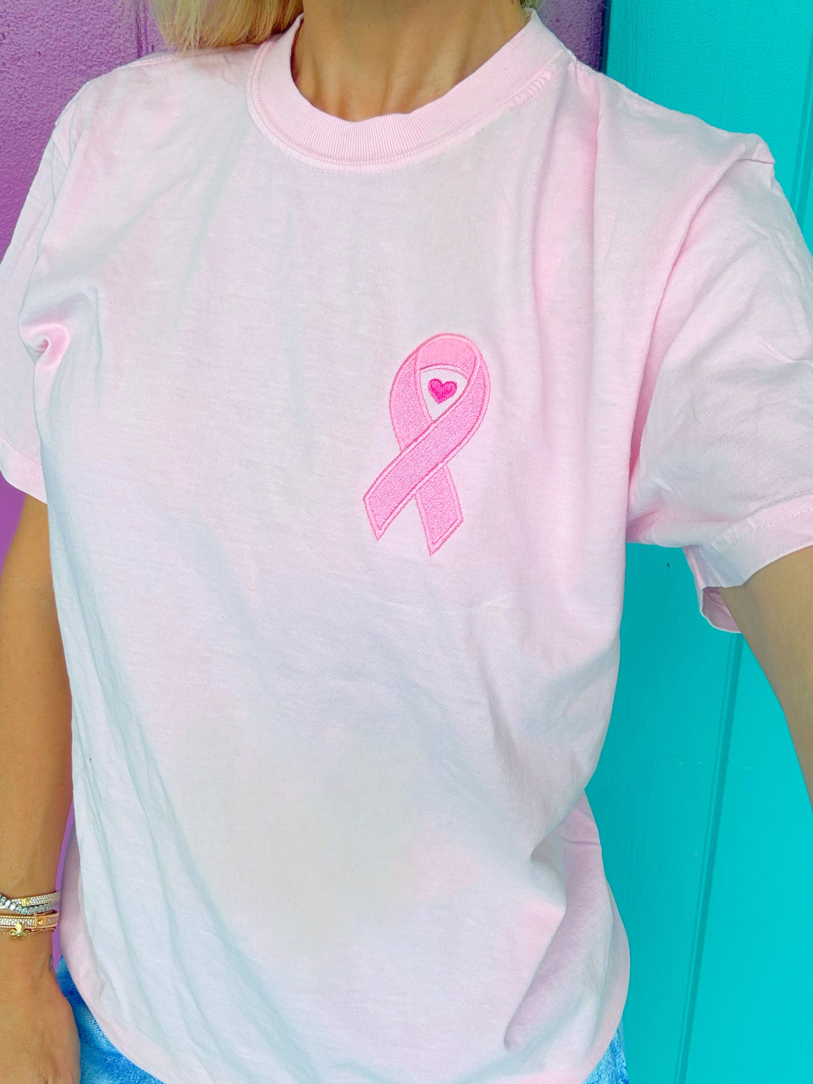 Pink Ribbon Embroidered Tee for Breast Cancer Awareness