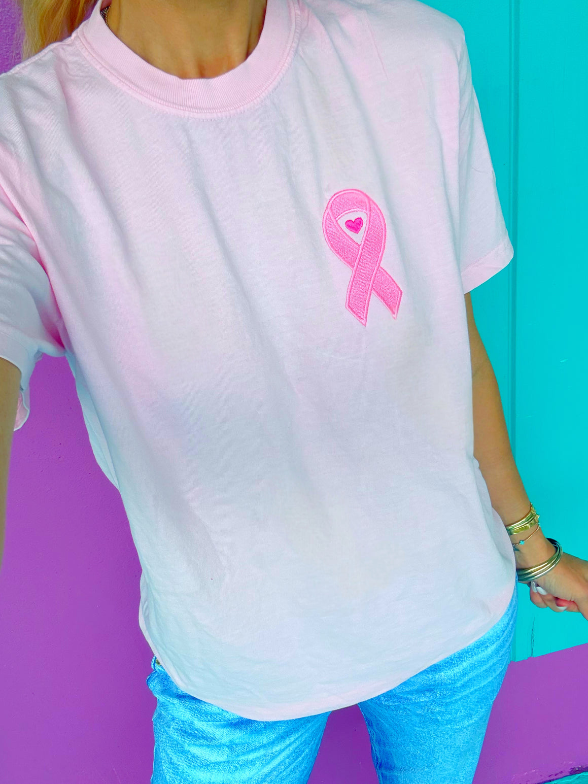 Pink Ribbon Embroidered Tee for Breast Cancer Awareness