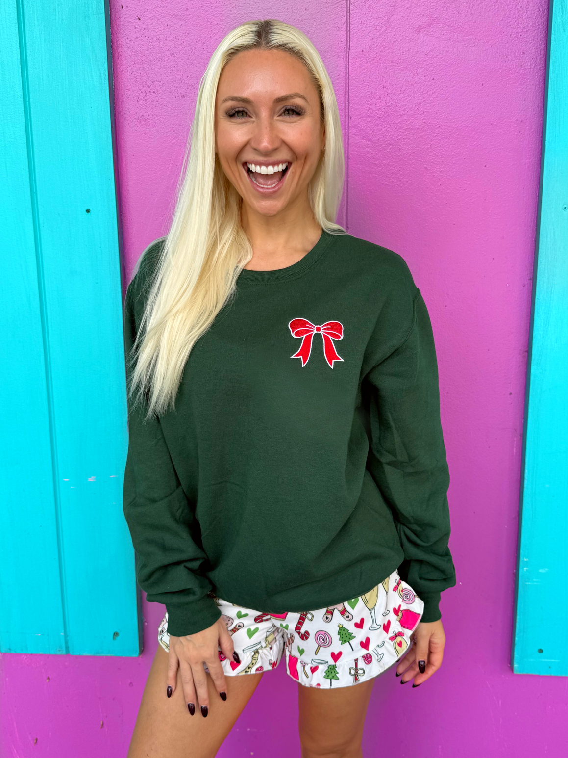 Red Green Embroidered Bow Sweatshirt Sunshine Sisters