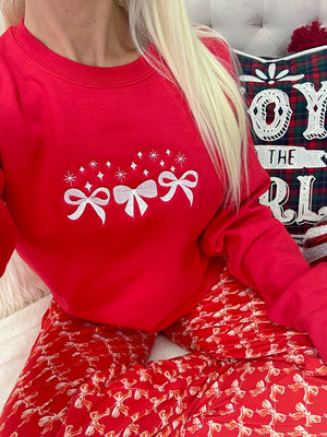 Red Sparkle Embroidered Bow Sweatshirt