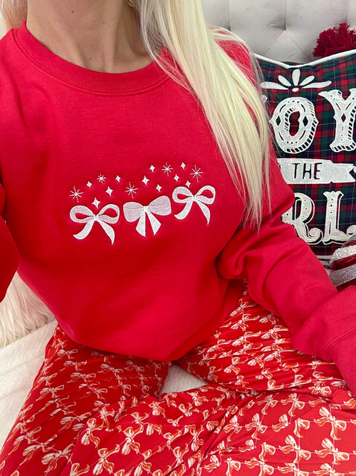 Red Sparkle Embroidered Bow Sweatshirt