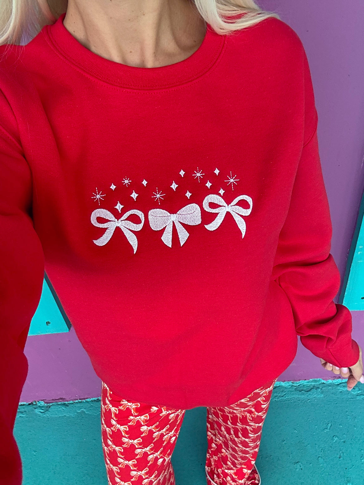 Red Sparkle Embroidered Bow Sweatshirt