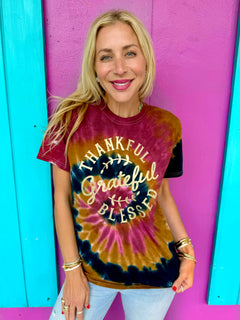 Fall Burst Thankful, Grateful Blessed Tie-Dye Tee - Sunshine