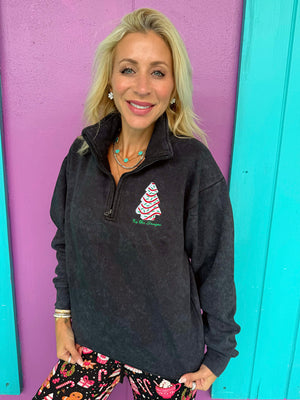 Little Debbie Acid Black Embroidered Quarter Zip Pullover