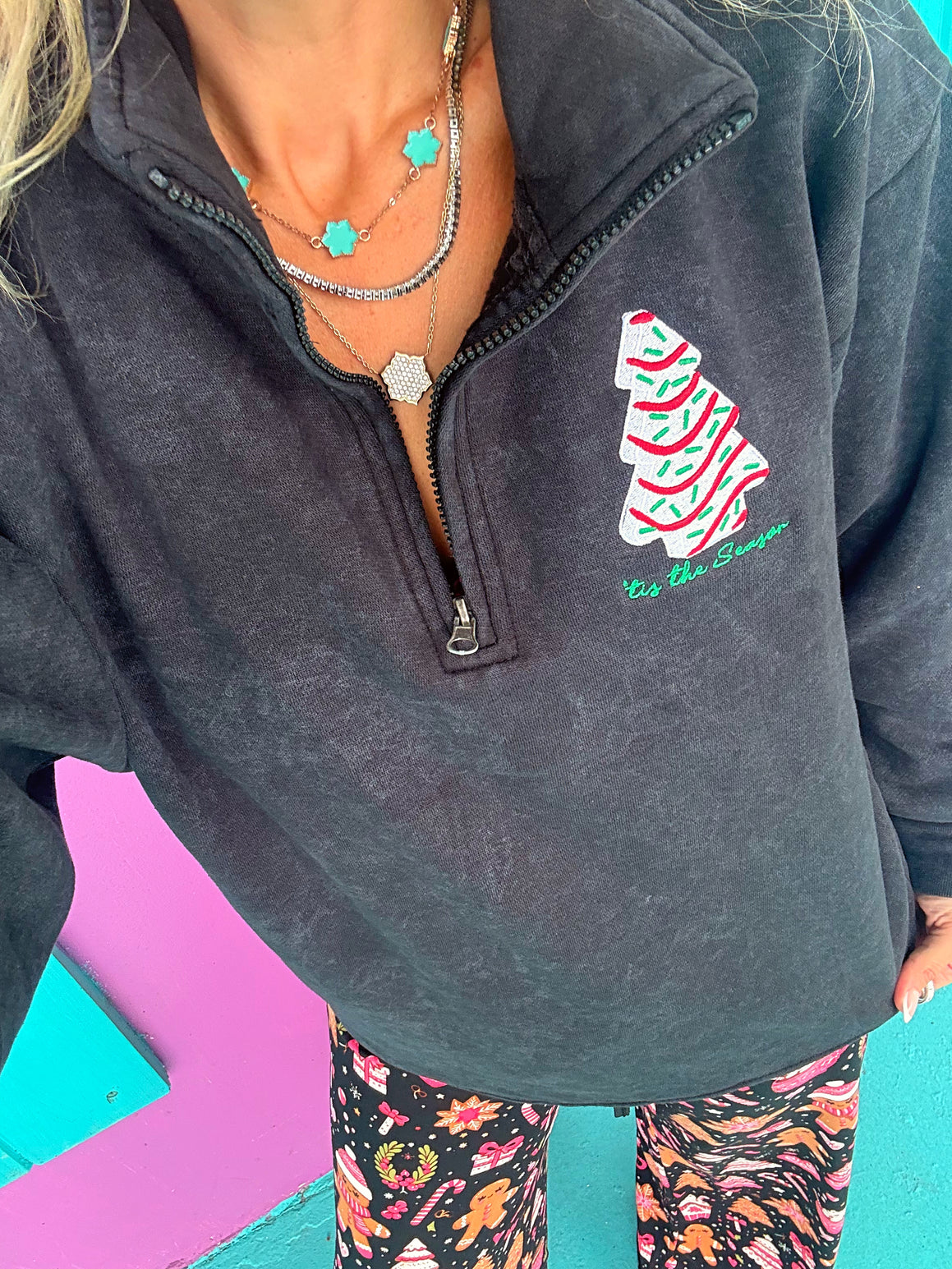 Little Debbie Acid Black Embroidered Quarter Zip Pullover