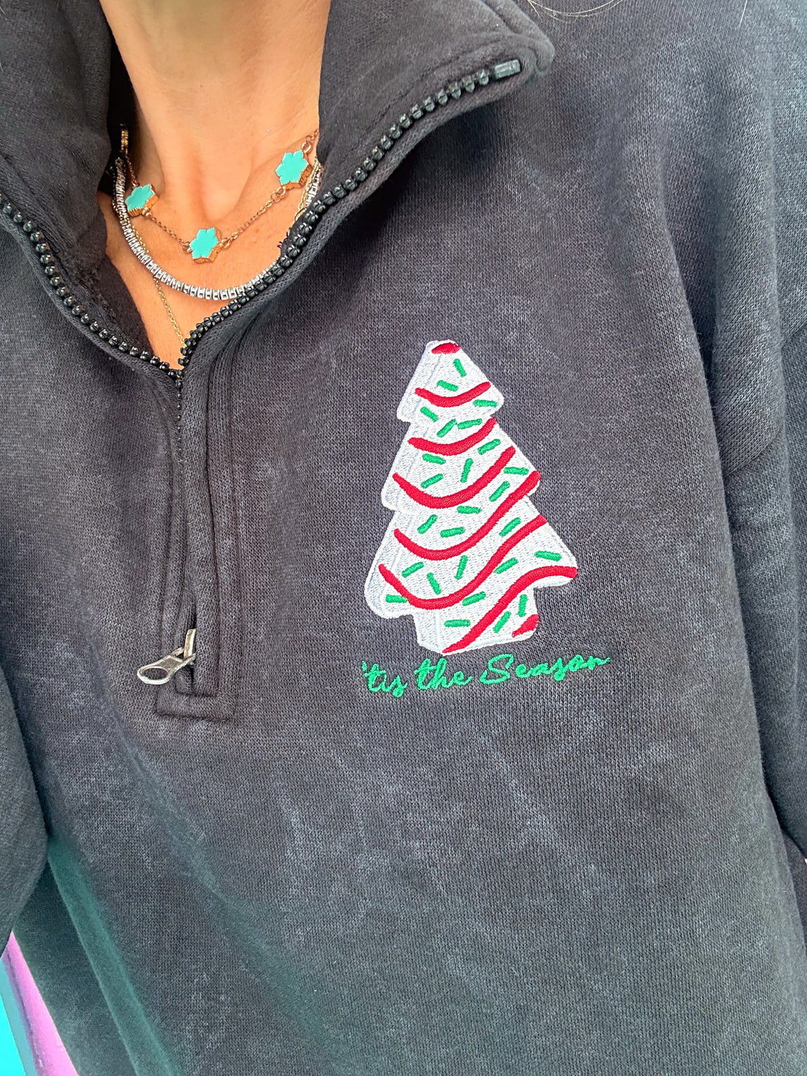 Little Debbie Acid Black Embroidered Quarter Zip Pullover