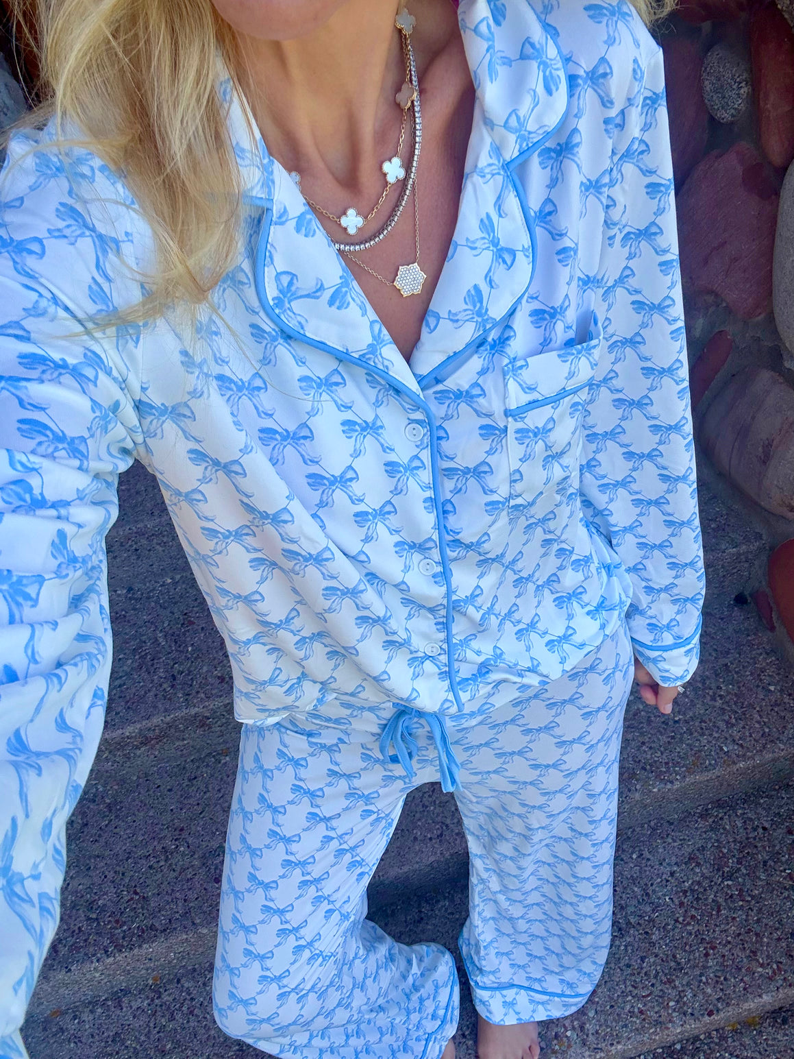 Blue Bow Wide Leg Pants Pajama Set