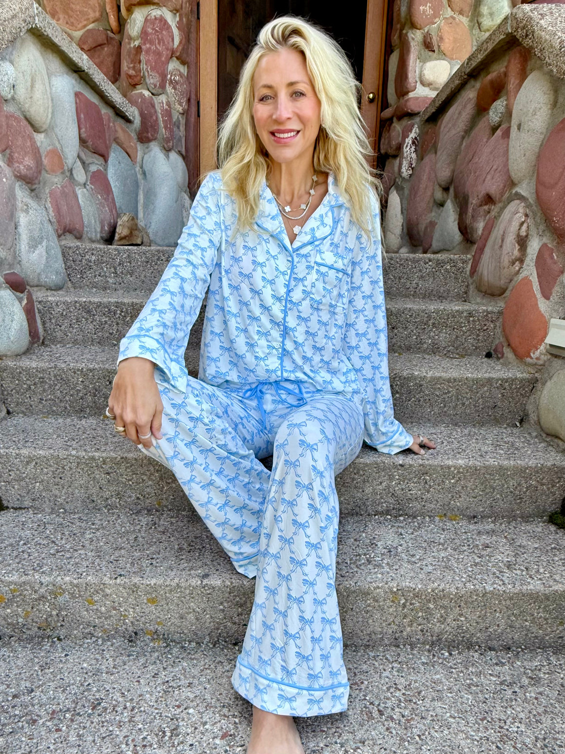 Blue Bow Wide Leg Pants Pajama Set