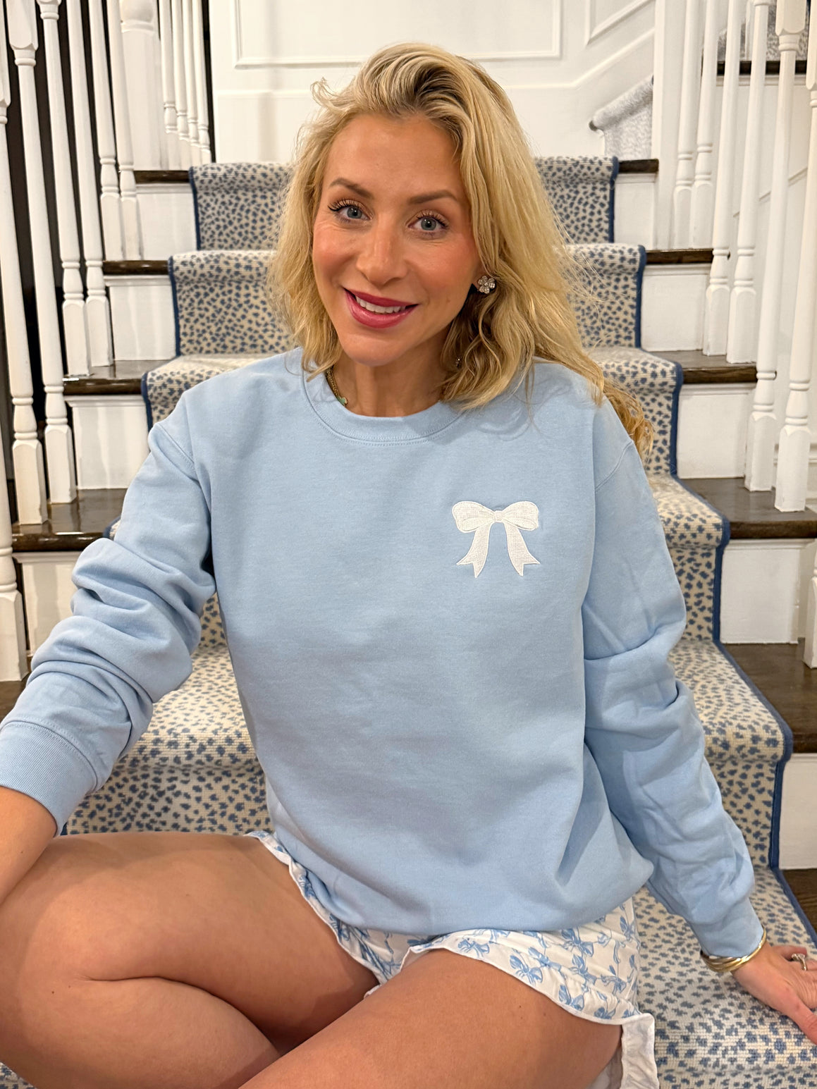 White Bow Embroidered Baby Blue Sweatshirt