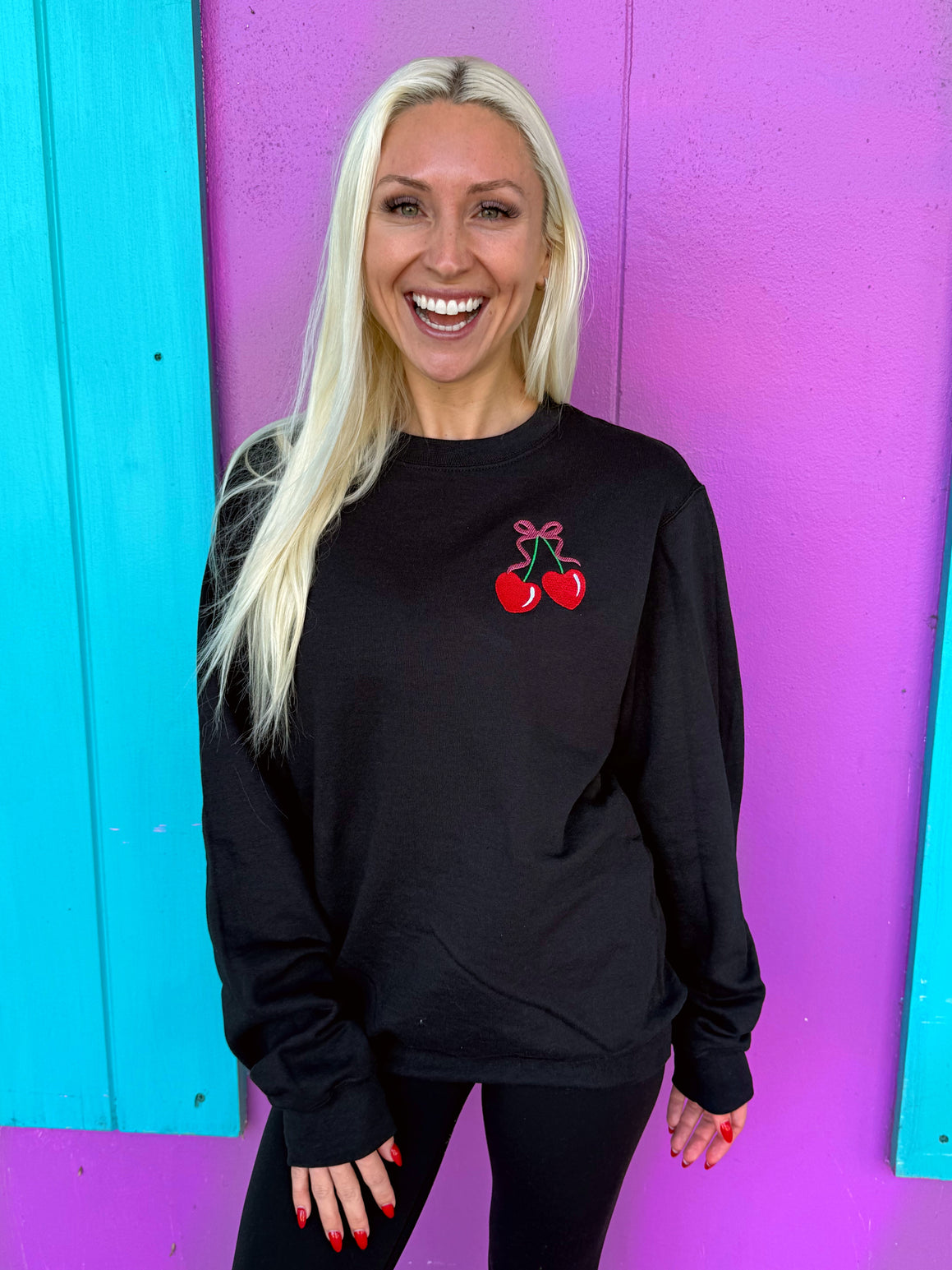Cherry Bow Embroidered Black Sweatshirt