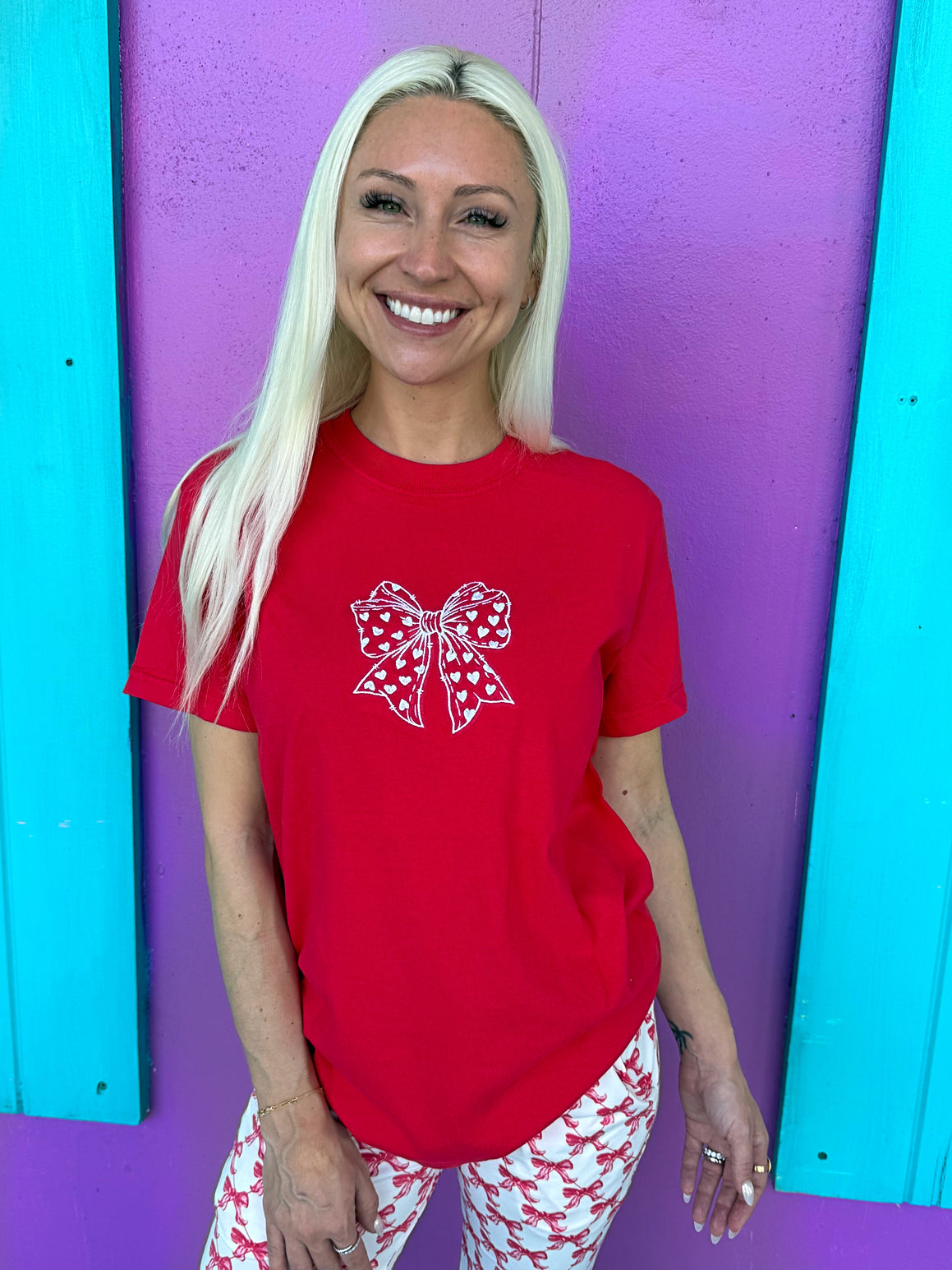 Heart Bow Comfort Colors Embroidered Tee