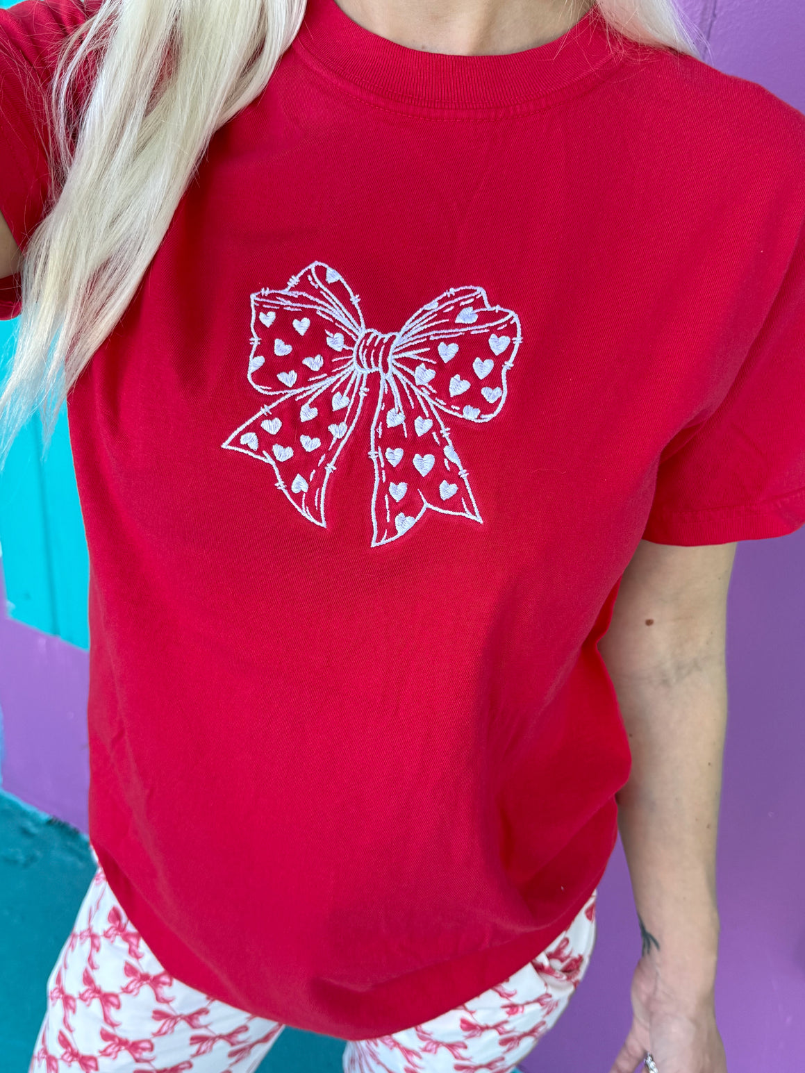 Heart Bow Comfort Colors Embroidered Tee