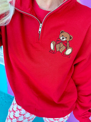 Beary Cute Bear Embroidered Quarter-Zip Pullover