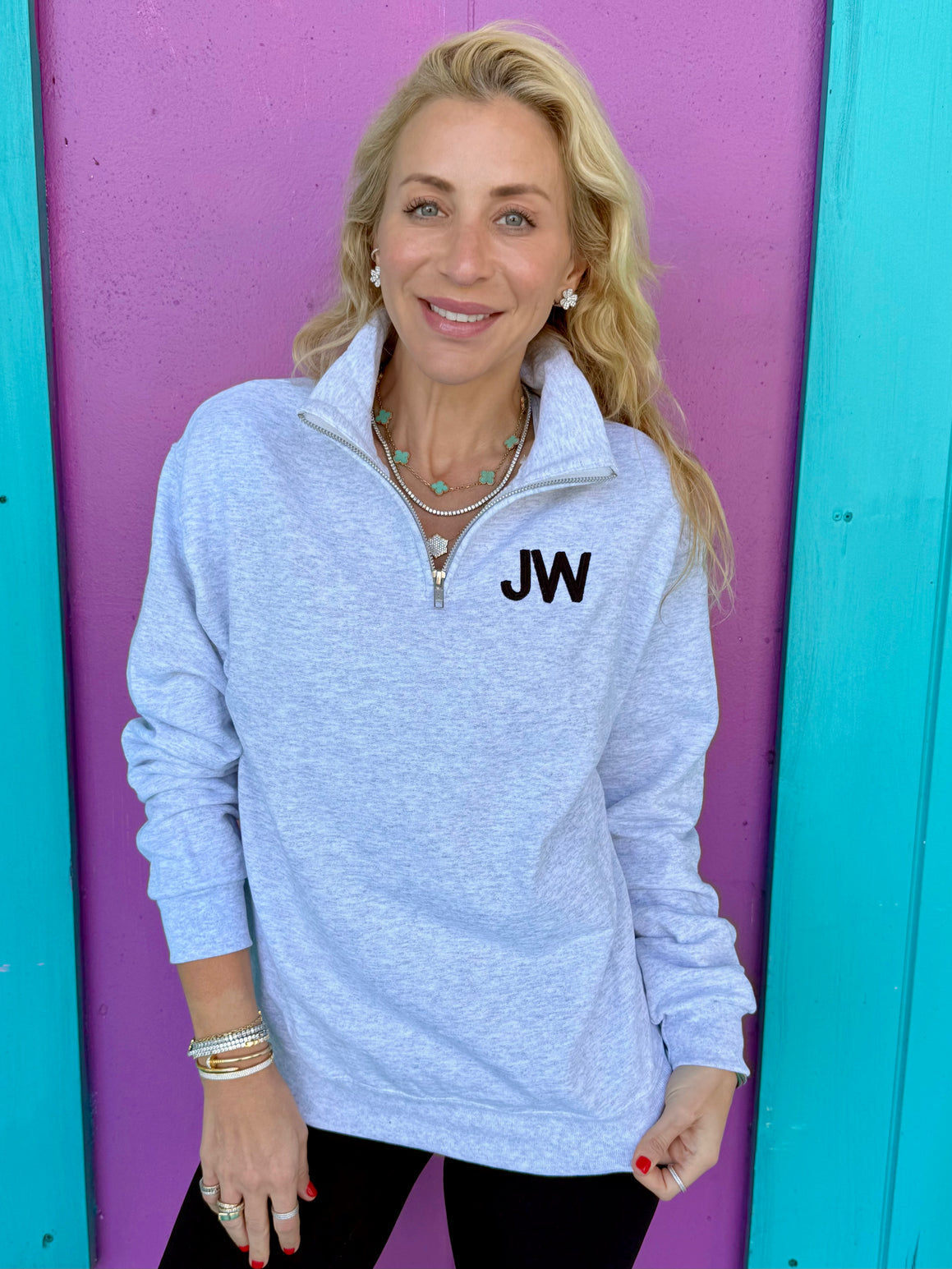 Gray Initial Embroidered Quarter Zip Pullover