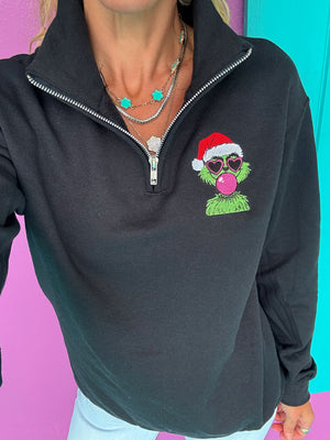 Bubble Gum Gr*nch Embroidered Quarter Zip Pullover