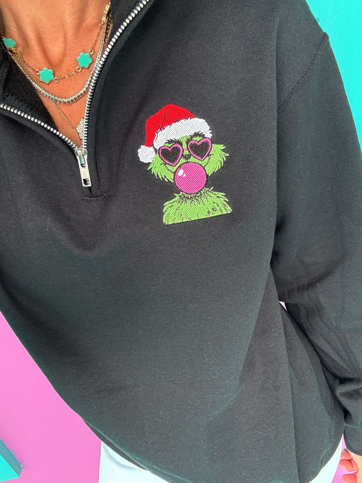 Bubble Gum Gr*nch Embroidered Quarter Zip Pullover