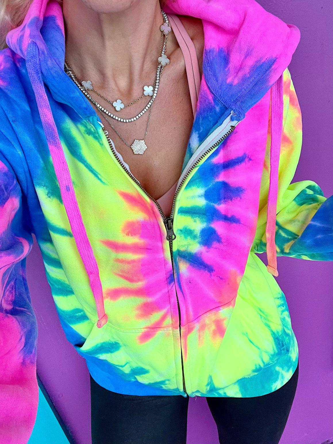 Neon Rainbow Tie-Dye Zip Up Hoodie - Sunshine Sisters Neon Rainbow Tie-Dye Zip Up Hoodie - Sunshine Sisters