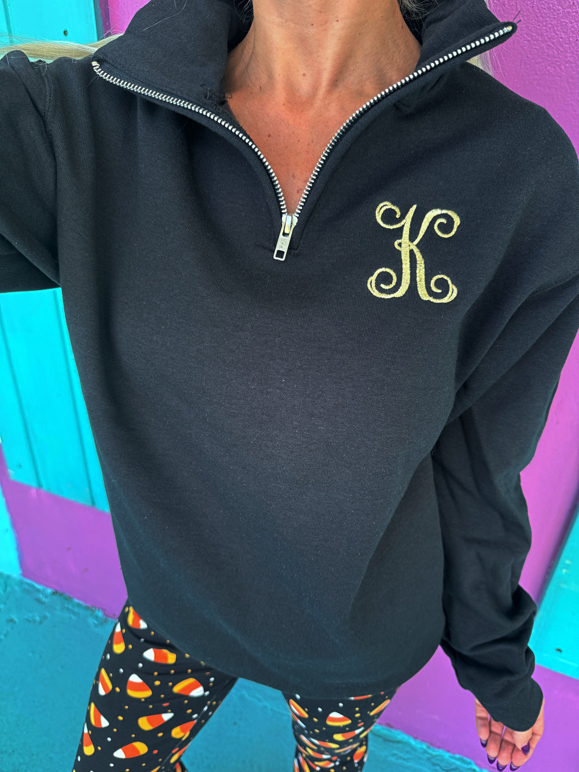 Black & Gold Embroidered Initial Quarter Zip Pullover (2XL-3XL)