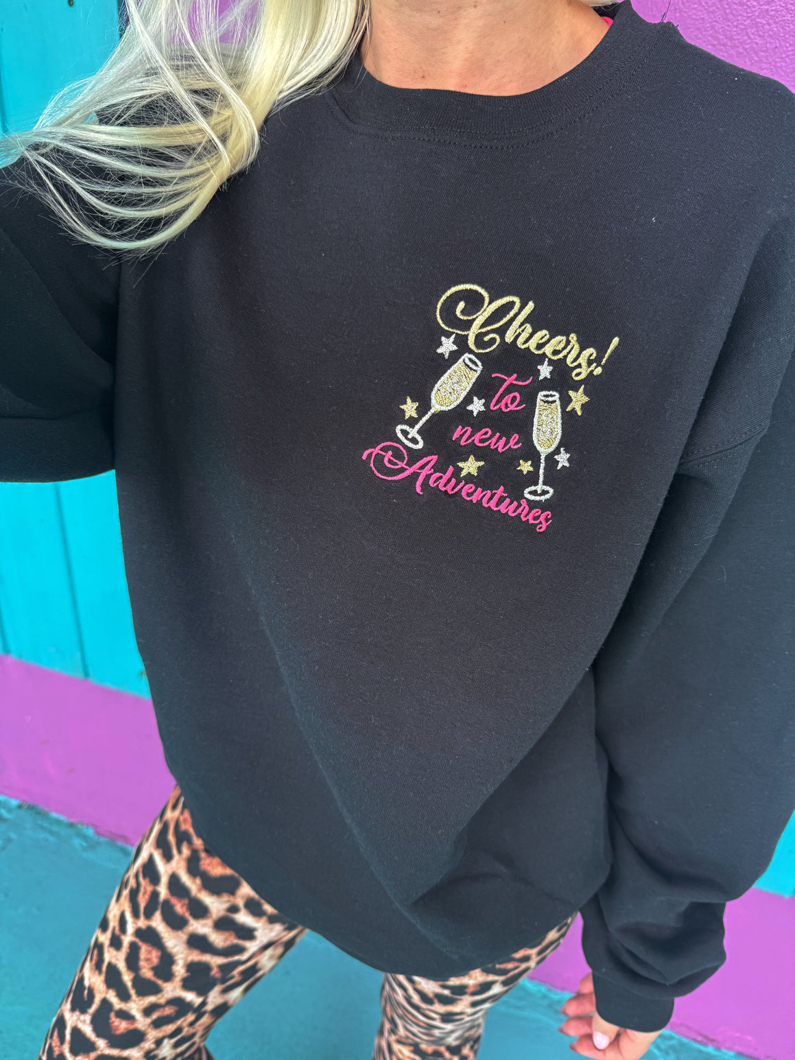 Cheers to New Adventures Embroidered Sweatshirt