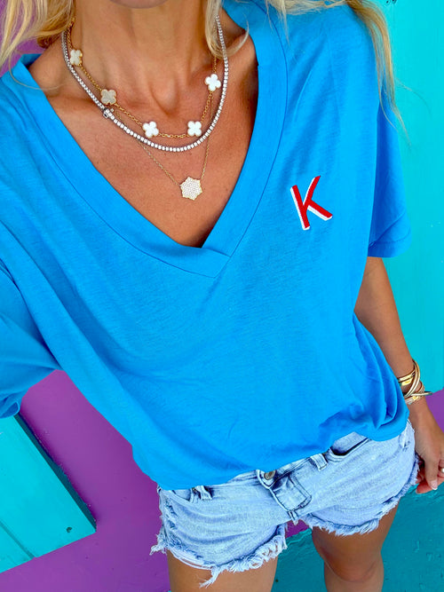 Embroidered Initial Blue V-Neck Tee