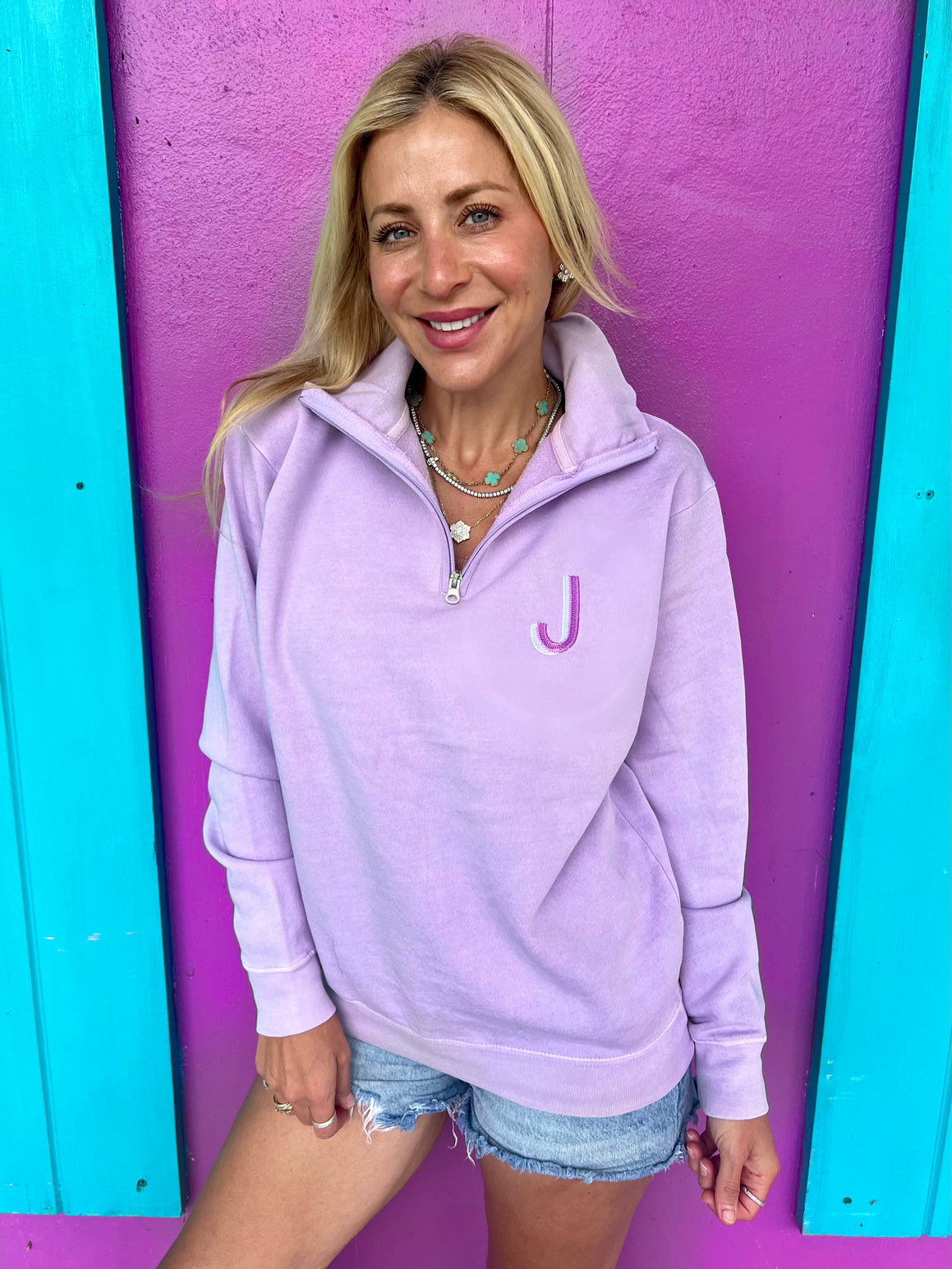 Lilac Initial Embroidered Quarter Zip Pullover (XL-2XL)