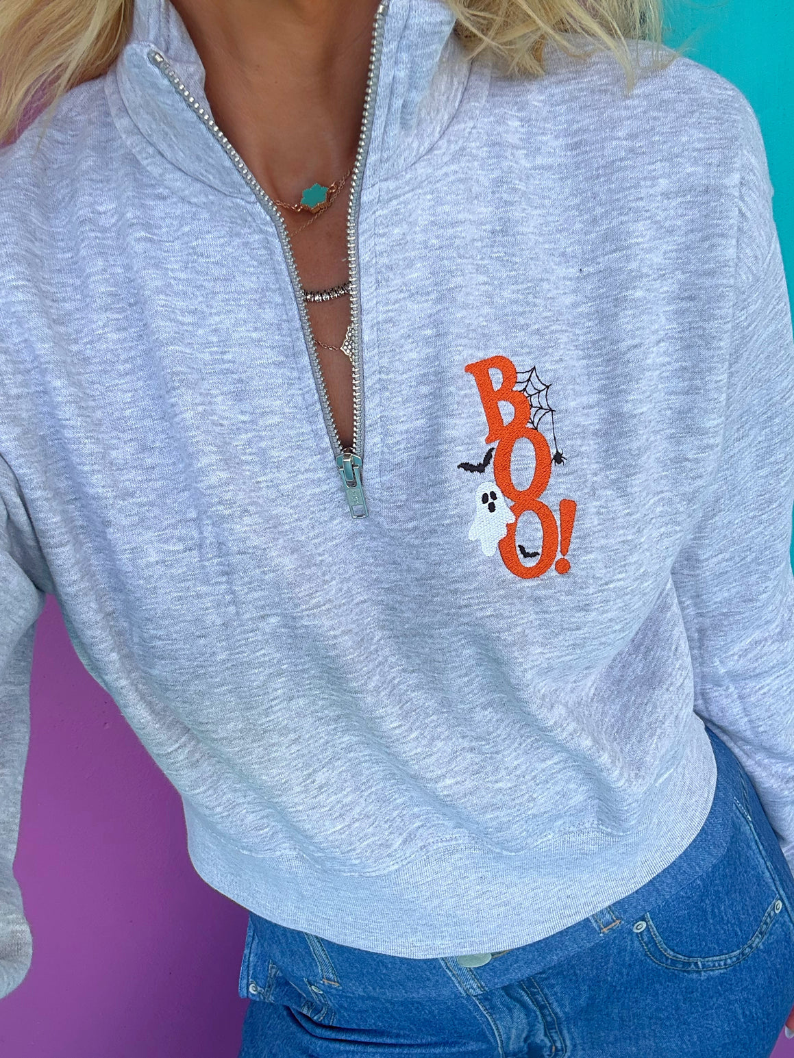 Boo Embroidered Cropped Quarter Zip Pullover