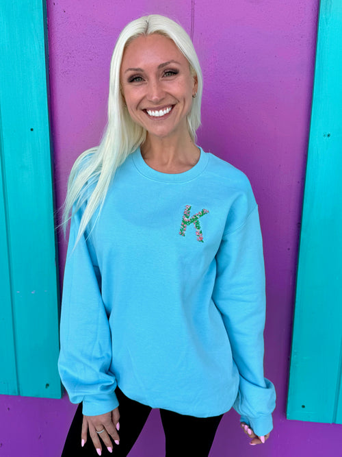 Floral Embroidered Initial Sweatshirt (S-XL)