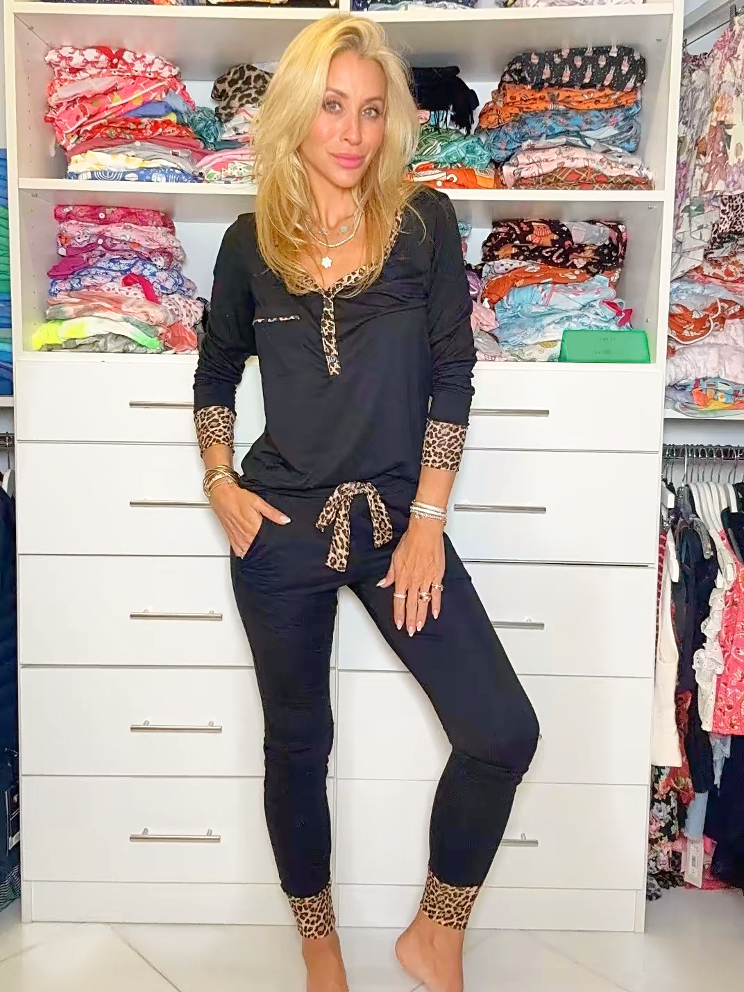 Black With Leopard Trim Jogger Pajama Set