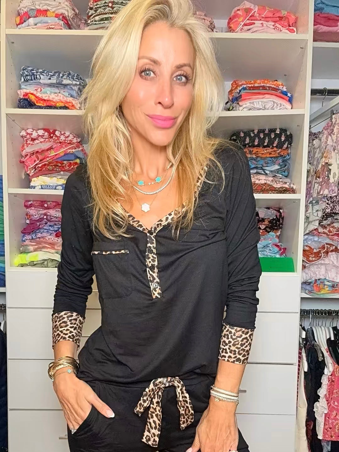 Black With Leopard Trim Jogger Pajama Set