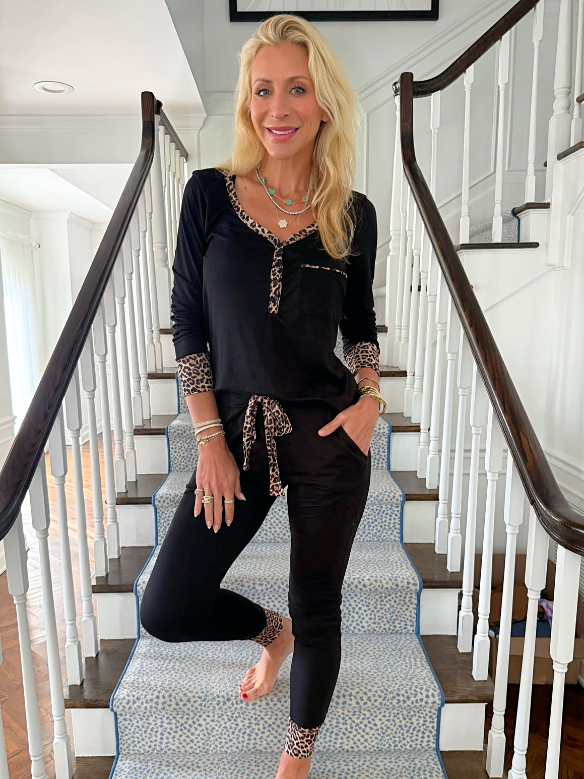 Black With Leopard Trim Jogger Pajama Set