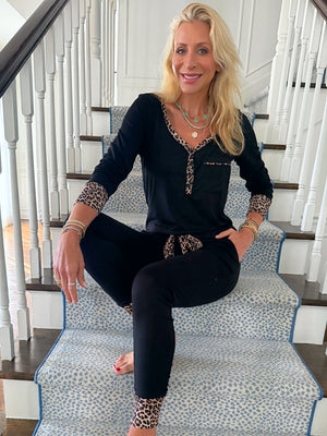 Black With Leopard Trim Jogger Pajama Set