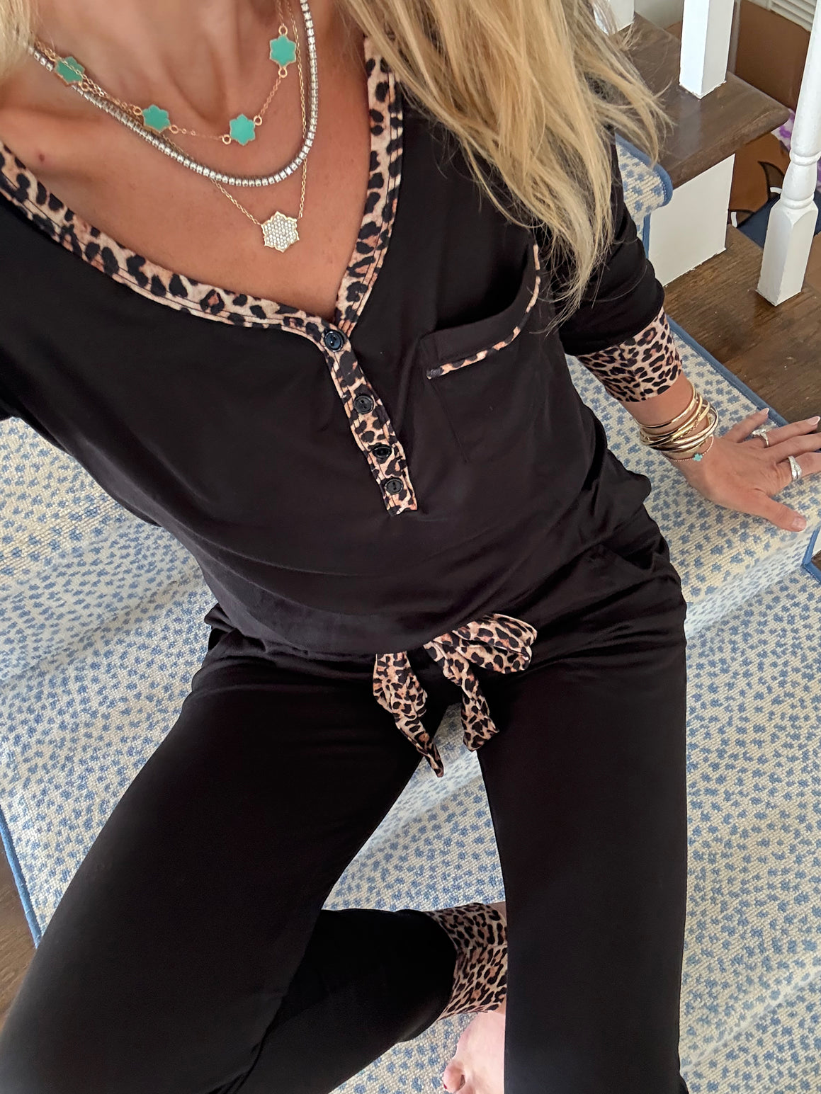 Black With Leopard Trim Jogger Pajama Set