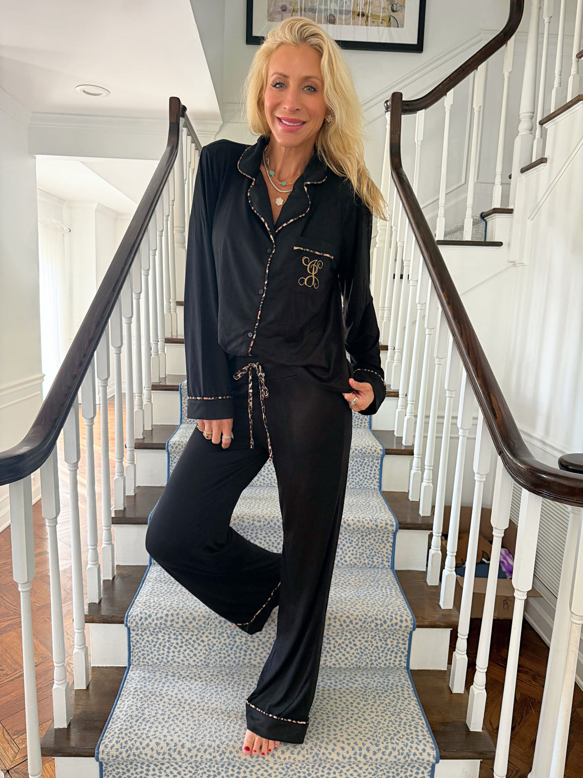 Black With Leopard Trim Pajama Set - EMBROIDERED