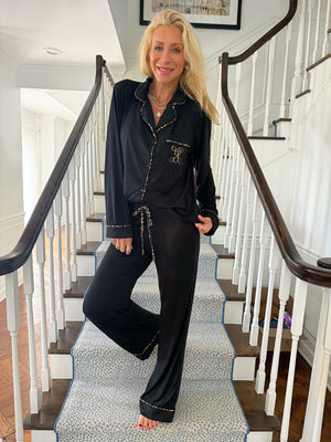 Black With Leopard Trim Pajama Set - EMBROIDERED
