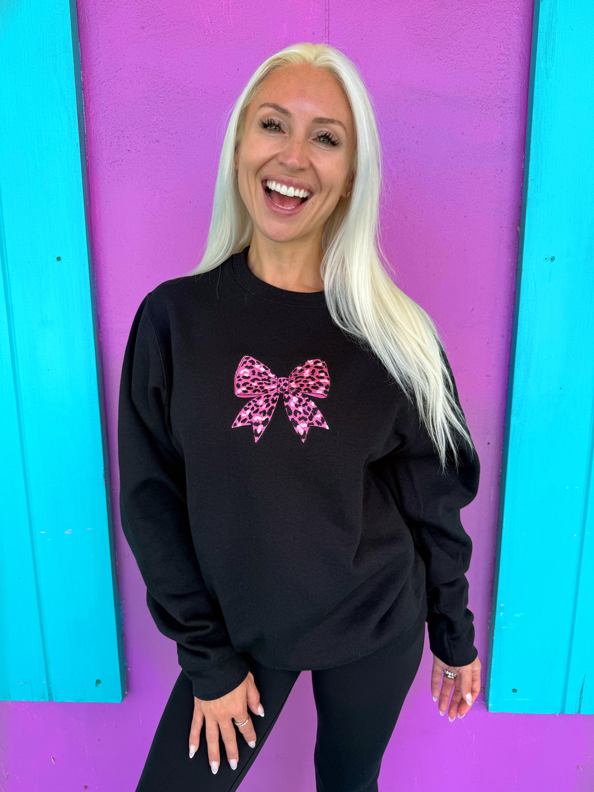 Leopard Luxe Pink Bow Embroidered Sweatshirt