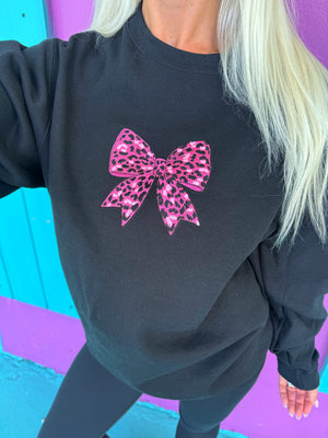 Leopard Luxe Pink Bow Embroidered Sweatshirt