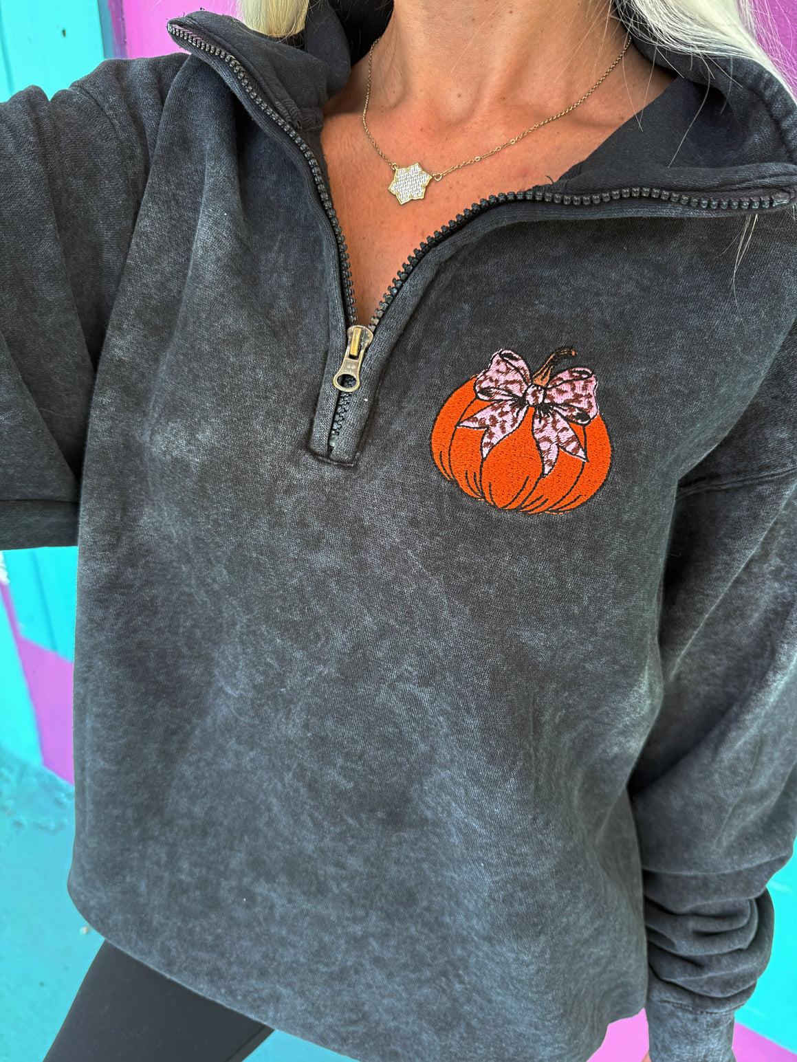 Pumpkin Bow Black Acid Embroidered Quarter Zip Pullover